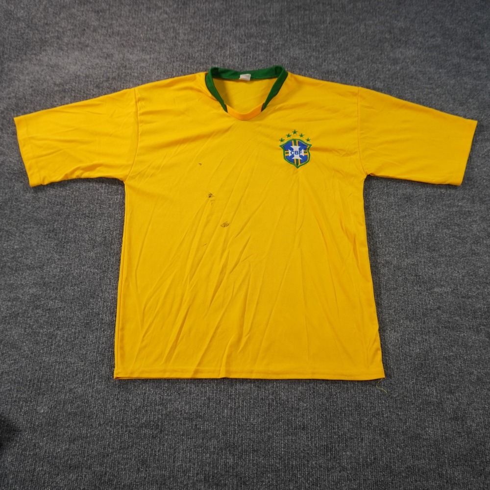 Brazil National Team Soccer Jersey Mens Medium Yellow CBF Crest Logo V-Neck #9
